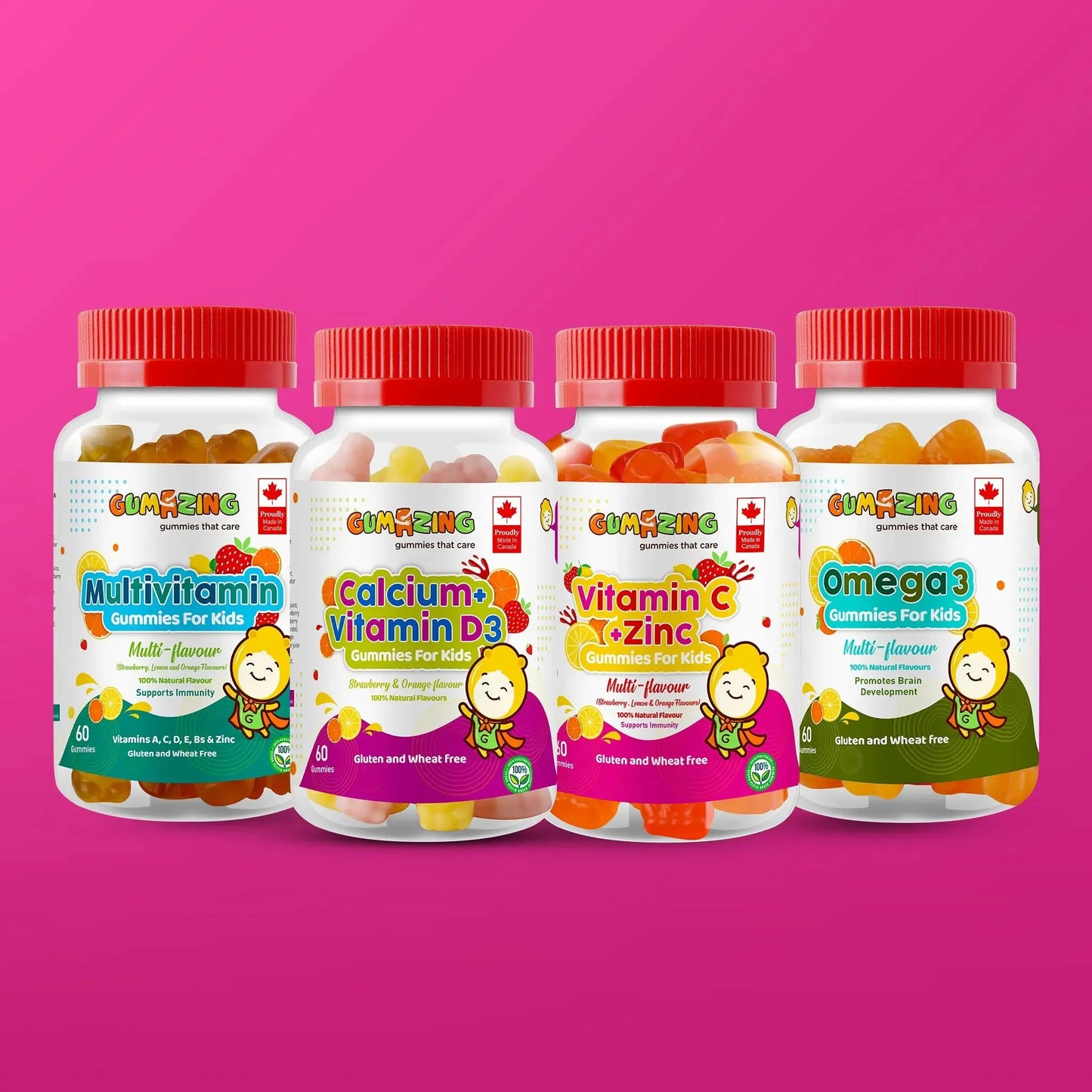 Gumazing 4 Pack Combo | Calcium & Vitamin D3 + Vitamin C & Zinc + Multivitamin + Omega 3, 4 month supply Begumazing