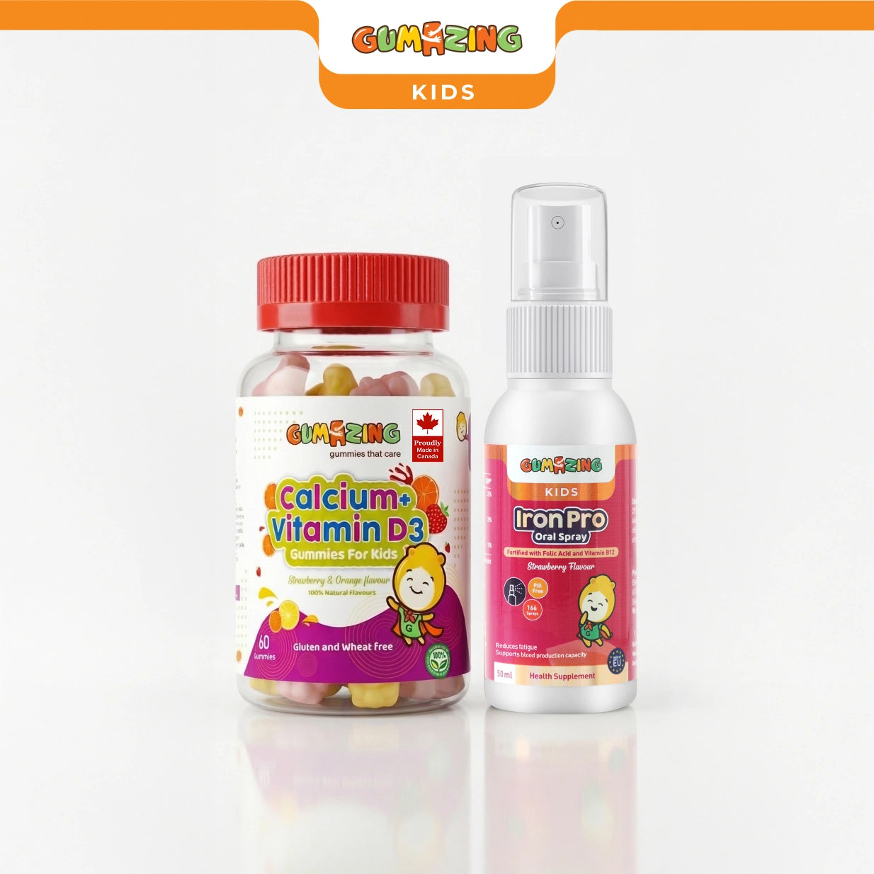 <tc>غومازينغ</tc> عبوة ثنائية | بخاخ فموي حديد برو + كالسيوم &  فيتامين د3